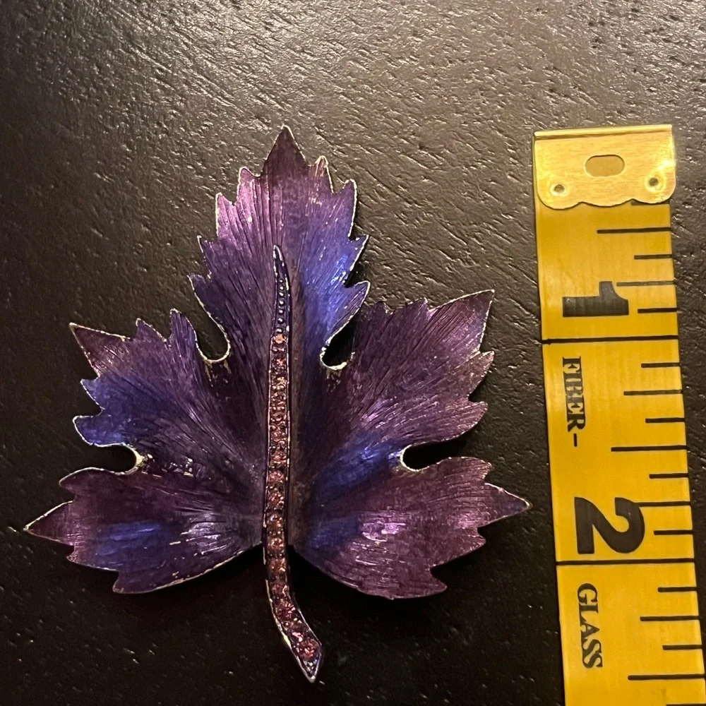 Enamel Purple Leaf Brooch with Rhinestone Detail